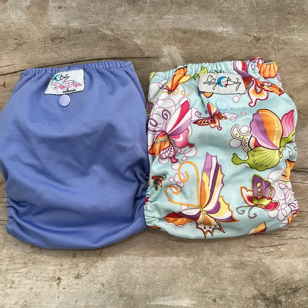 Lalabye Baby, one size cloth diapers reusable. Pair, one print one solid. *USED*